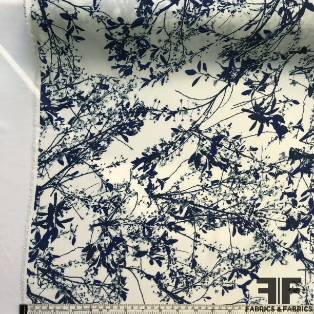 Foliage Printed Silk Charmeuse on Matte side - Blue