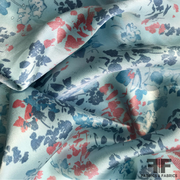 Floral Printed Silk Charmeuse - Blue