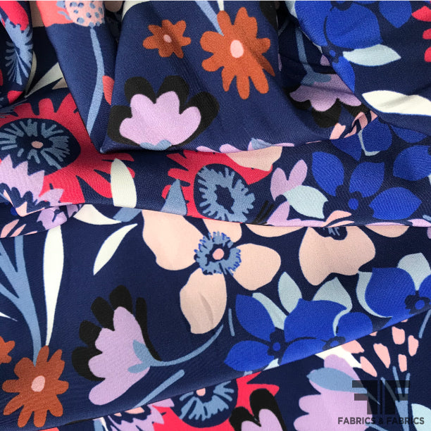 Abstract Floral Printed Silk Charmeuse on Matte side - Blue - Fabrics & Fabrics NY