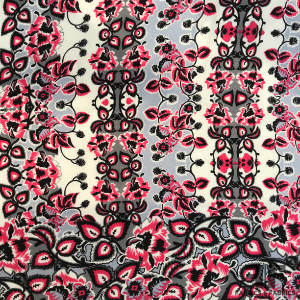 Striped Floral Printed Silk Charmeuse on Matte side - Pink
