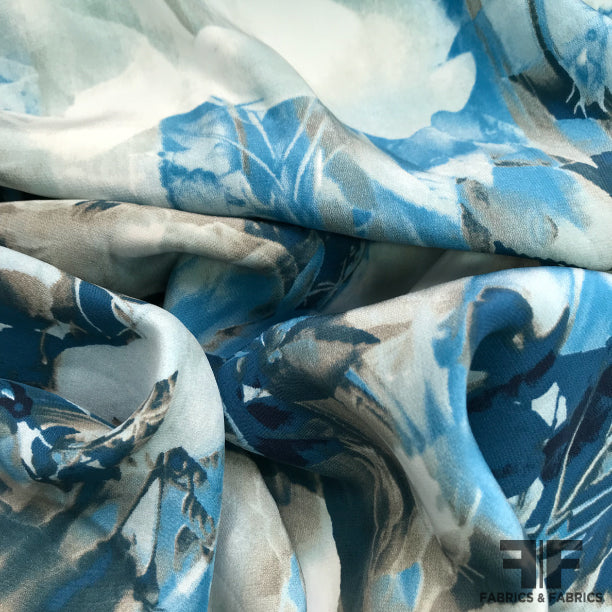 Abstract Floral Printed Silk Charmeuse - Blue - Fabrics & Fabrics NY