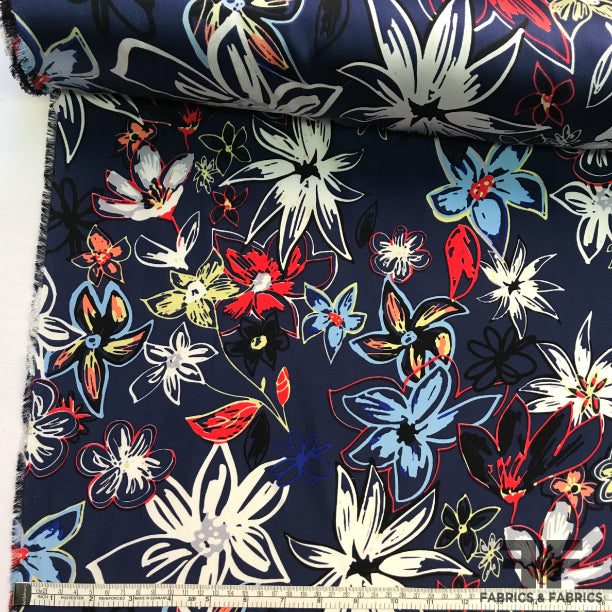 Graphic Floral Printed Silk Charmeuse - Navy/Multicolor