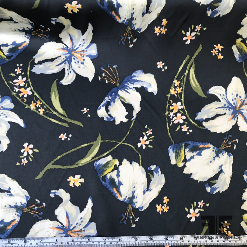 Floral Printed Silk Charmeuse - Midnight Blue/Multicolor - Fabrics & Fabrics