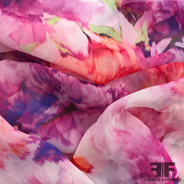 Brush Stroke Floral Printed Silk Chiffon - Pink - Fabrics & Fabrics NY