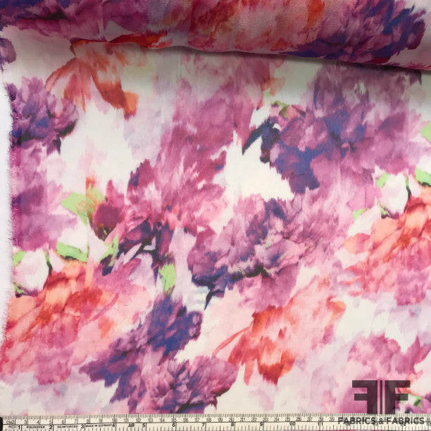 Brush Stroke Floral Printed Silk Chiffon - Pink - Fabrics & Fabrics NY