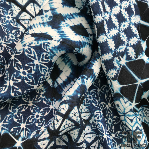 Shibori Printed Silk Georgette - Blue/White