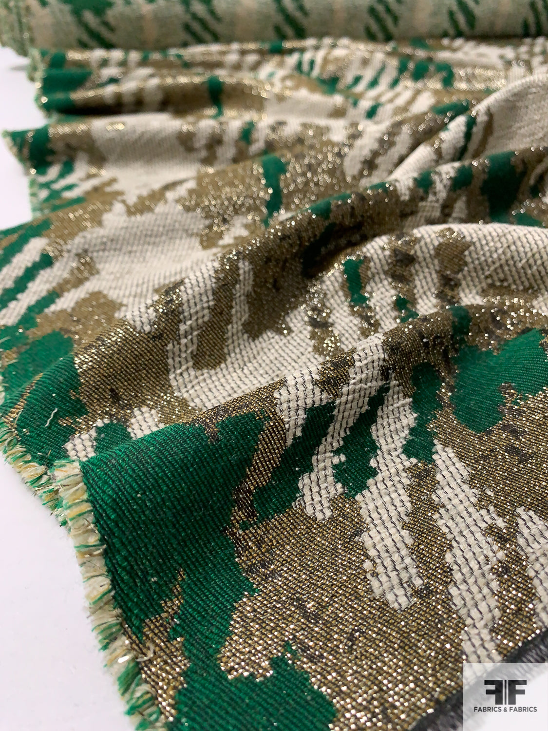 French Metallic Plaid Jacquard Tweed - Gold/Green/Off-White