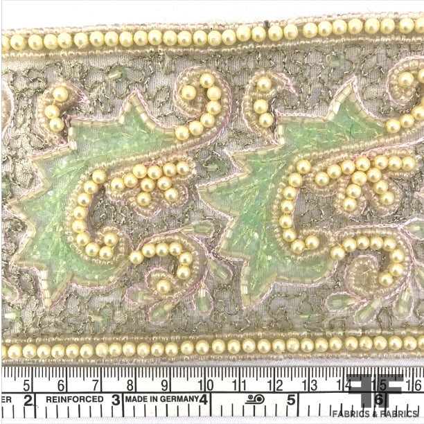 Embroidered & Beaded Vintage Ribbon Trim - Green - Fabrics & Fabrics NY