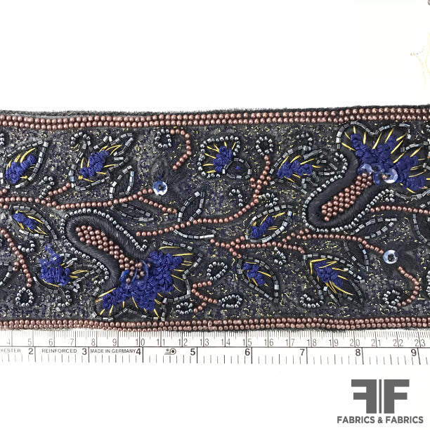 Floral Heavy Embroidered & Beaded Trim - Navy/Gold