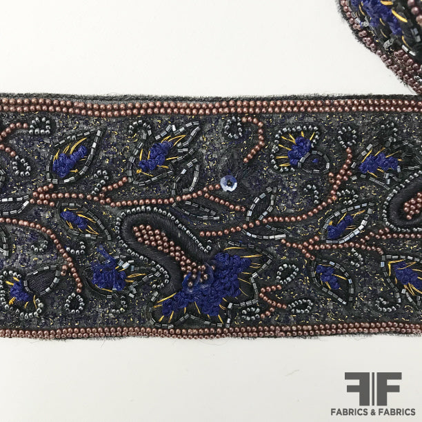 Floral Heavy Embroidered & Beaded Trim - Navy/Gold