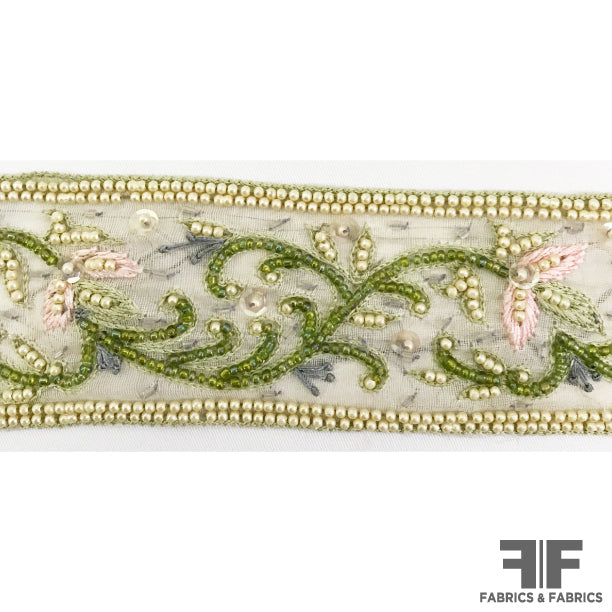 Floral Pearl Beaded & Embroidered Trim - Off-White/Green/Pink