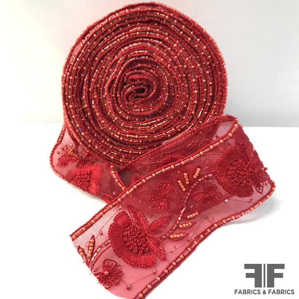 Floral Bloom Sheer Organza Ribbon Trim - Red - Fabrics & Fabrics NY