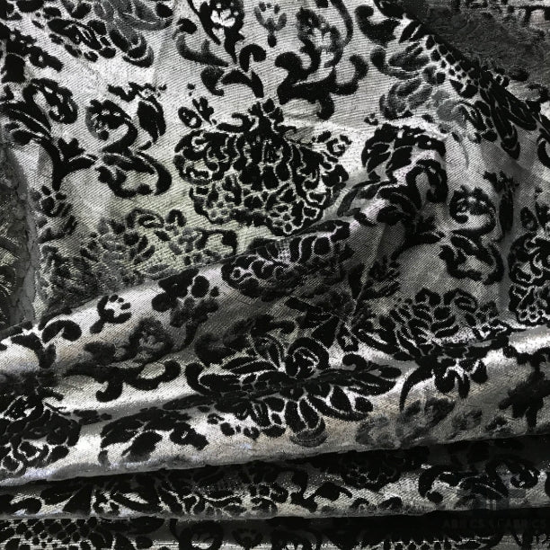 Black/Silver Damask Floral Burnout Velvet - Fabrics & Fabrics