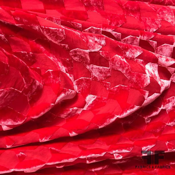 Abstract Checkered Burnout Velvet - Vixon Red - Fabrics & Fabrics NY