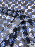 Checkered Abstract Floral Printed Silk Organza - Royal Blue / Black / White