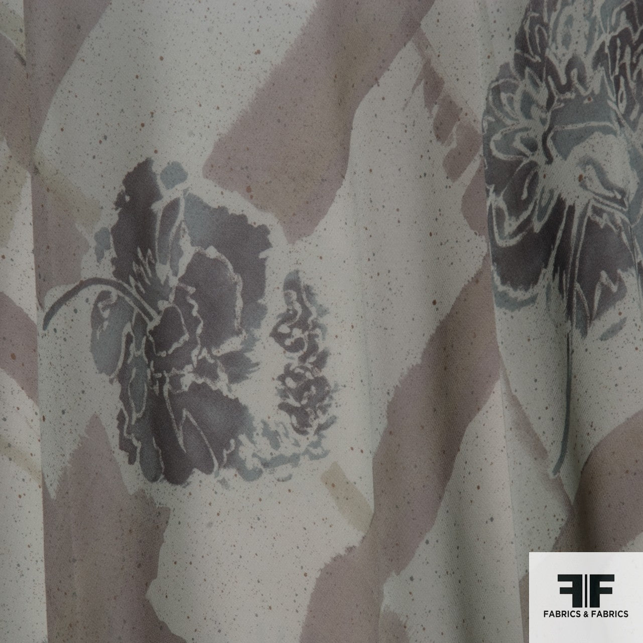 Striped & Floral Printed Silk Chiffon - Taupe/Grey/Cream