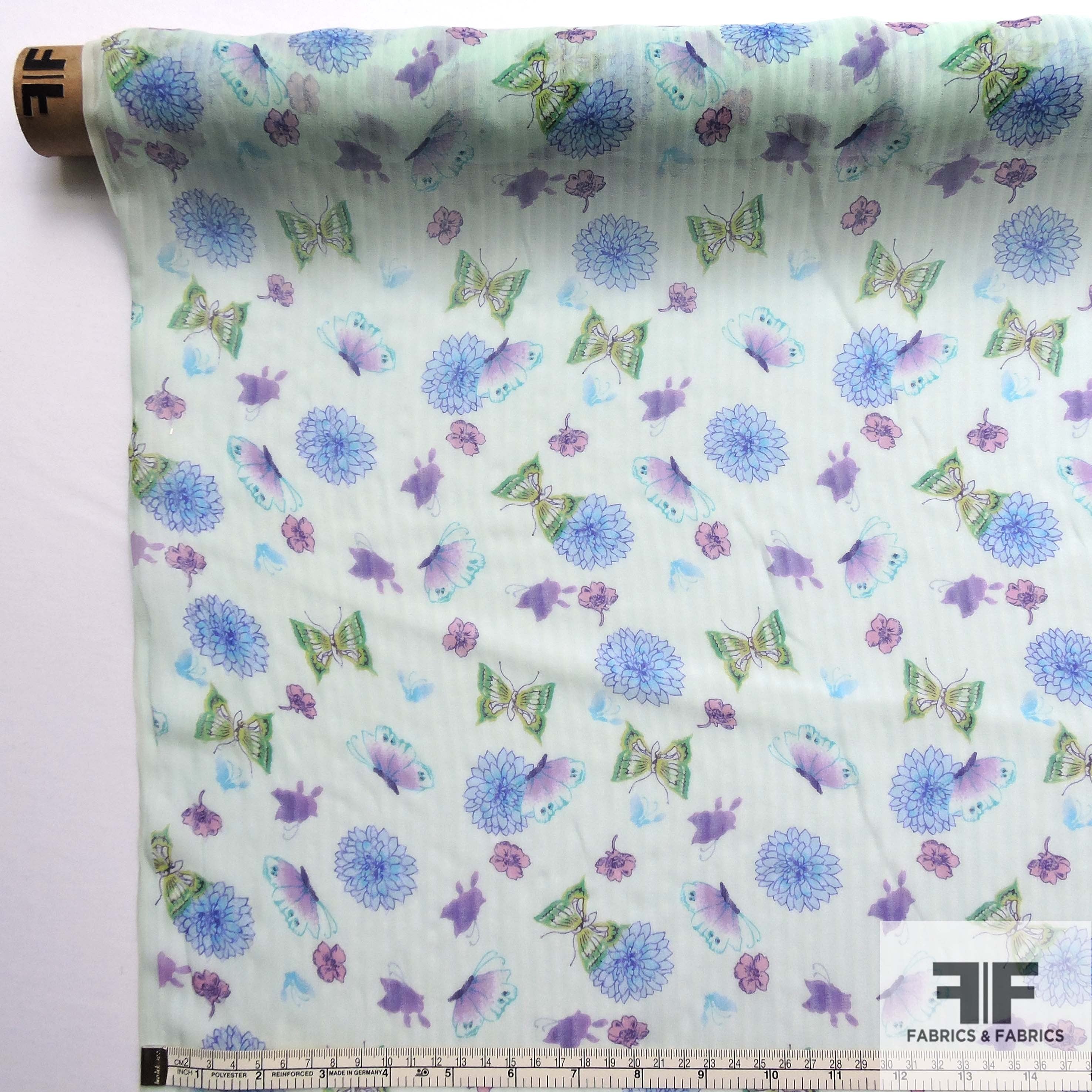 Floral & Butterfly Printed Silk Chiffon - Seafoam/Purple/Blue - Fabrics & Fabrics NY