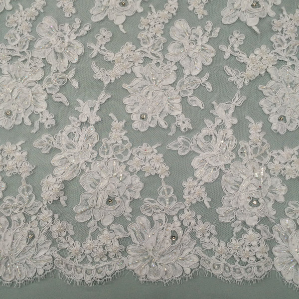 White Beaded Alencon Lace - Fabrics & Fabrics