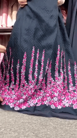 Textured Border Pattern Floral Novelty Organza Panel - Navy / Magenta / Pink