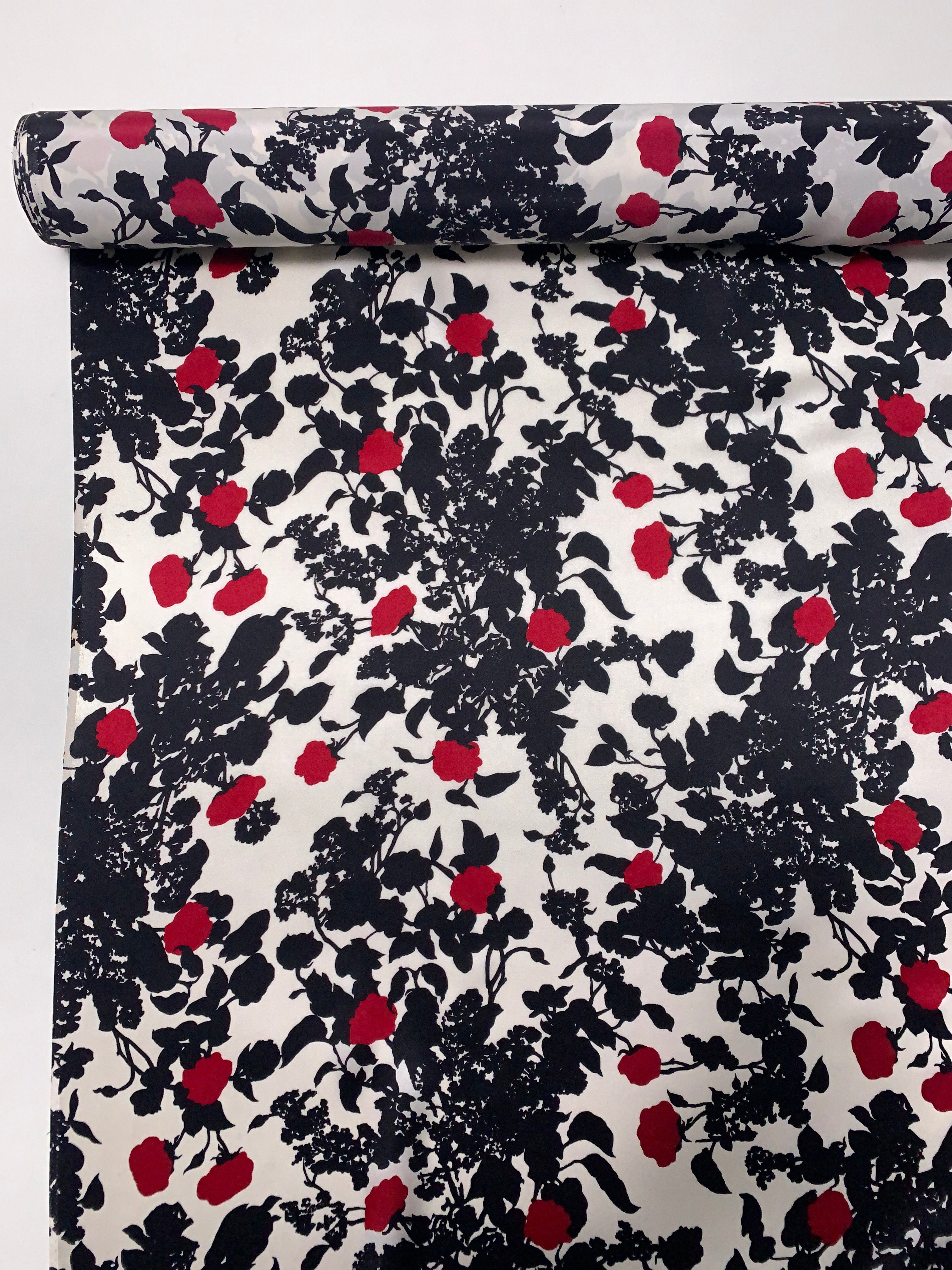 Romantic Floral Silhouette Printed Silk Charmeuse - Black / White / Cherry Red