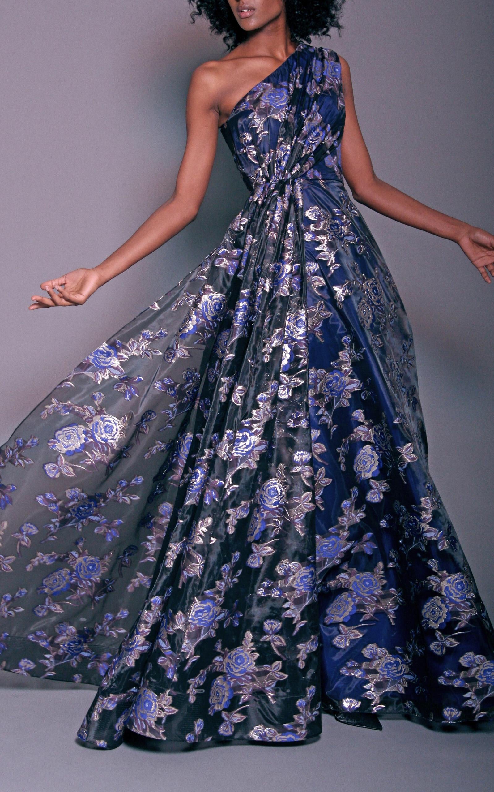 Christian Siriano Floral Fil Coupé Organza - Black / Blue / Plum / Silver Christian Siriano Floral Fil Coupé Organza - Black / Blue / Plum / Silver