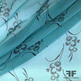 Floral Motif Printed Silk Chiffon - Teal/Black - Fabrics & Fabrics