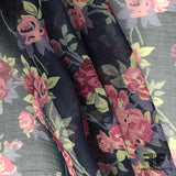 Rosette Floral Printed Silk Chiffon - Navy / Pink