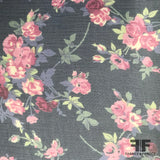 Rosette Floral Printed Silk Chiffon - Navy / Pink - Fabrics & Fabrics