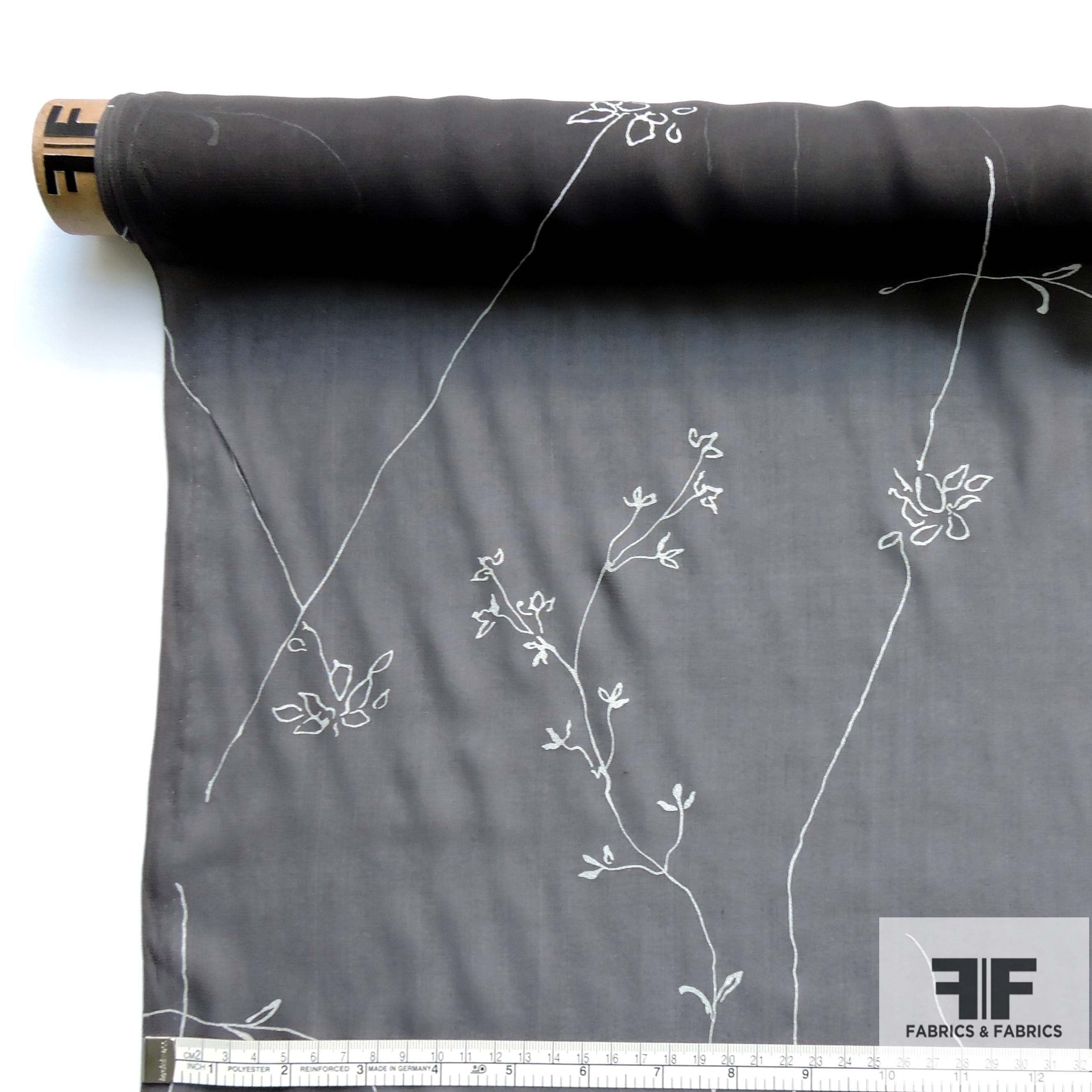 Floral Line Printed Silk Chiffon - Silver/Dark Grey