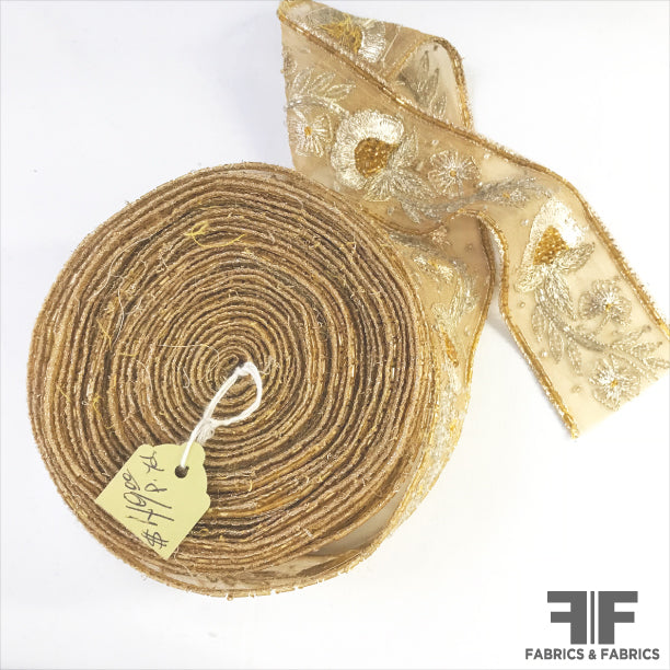 Floral Beaded & Embroidered Gold Ribbon Trim Fabrics & Fabrics